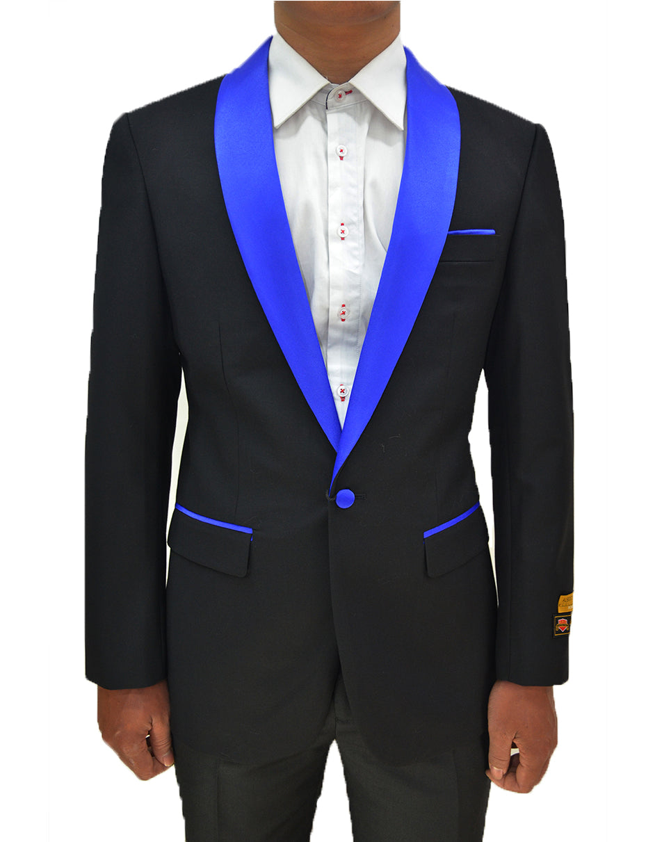 Mens One Button Contrast Shawl Collar Dinner Jacket Black & Royal - Men's Tuxedo USA