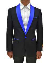 Mens One Button Contrast Shawl Collar Dinner Jacket Black & Royal - Men's Tuxedo USA