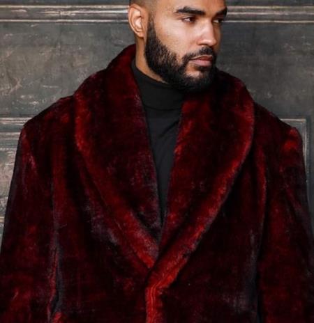 Mens Fashion Burgundy Black Faux Fur Overcoat - Men's Tuxedo USA