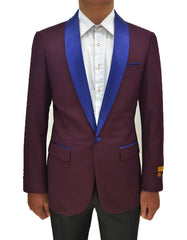 Mens One Button Contrast Shawl Collar Dinner Jacket Burgundy & Royal - Men's Tuxedo USA