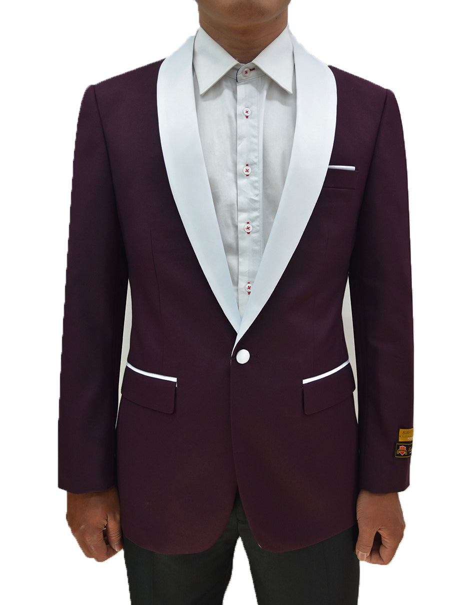 Mens One Button Contrast Shawl Collar Dinner Jacket Burgundy & White - Men's Tuxedo USA