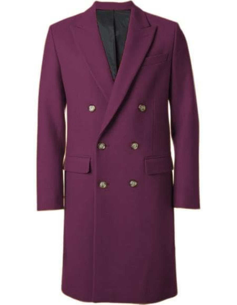 Men's Burgundy 44 Inch Long Double Breasted Overcoat Winter Men's Topcoat Sale - Men's Tuxedo USA