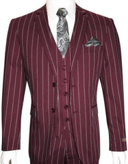 Mens 2 Button Gangster Pinstripe Suit in Burgundy - Men's Tuxedo USA