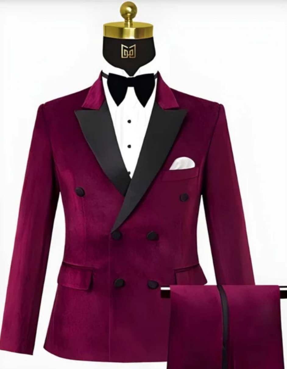 Mens Wine Velvet Tuxedo - Velvet Suits Double Breasted Tuxedo Suits - Slim Fit