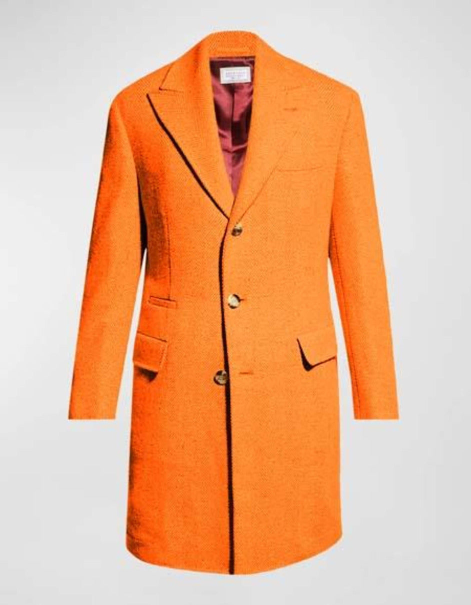 Mens Wool Carcoat - Hot Orange Three Quarter Peak Lapel Topcoat - Men's Tuxedo USA