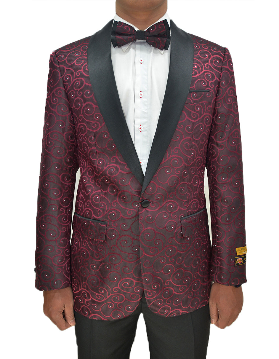 Mens Swirl & Diamond Pattern Tuxedo Jacket in Burgundy & Black - Men's Tuxedo USA