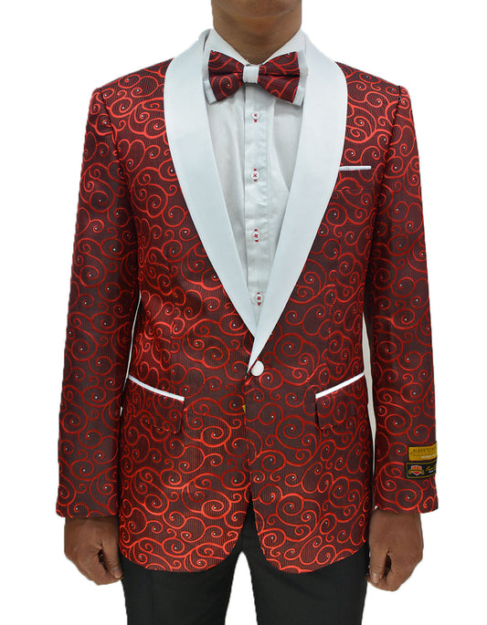 Mens Swirl & Diamond Pattern Tuxedo Jacket in Red & White - Men's Tuxedo USA