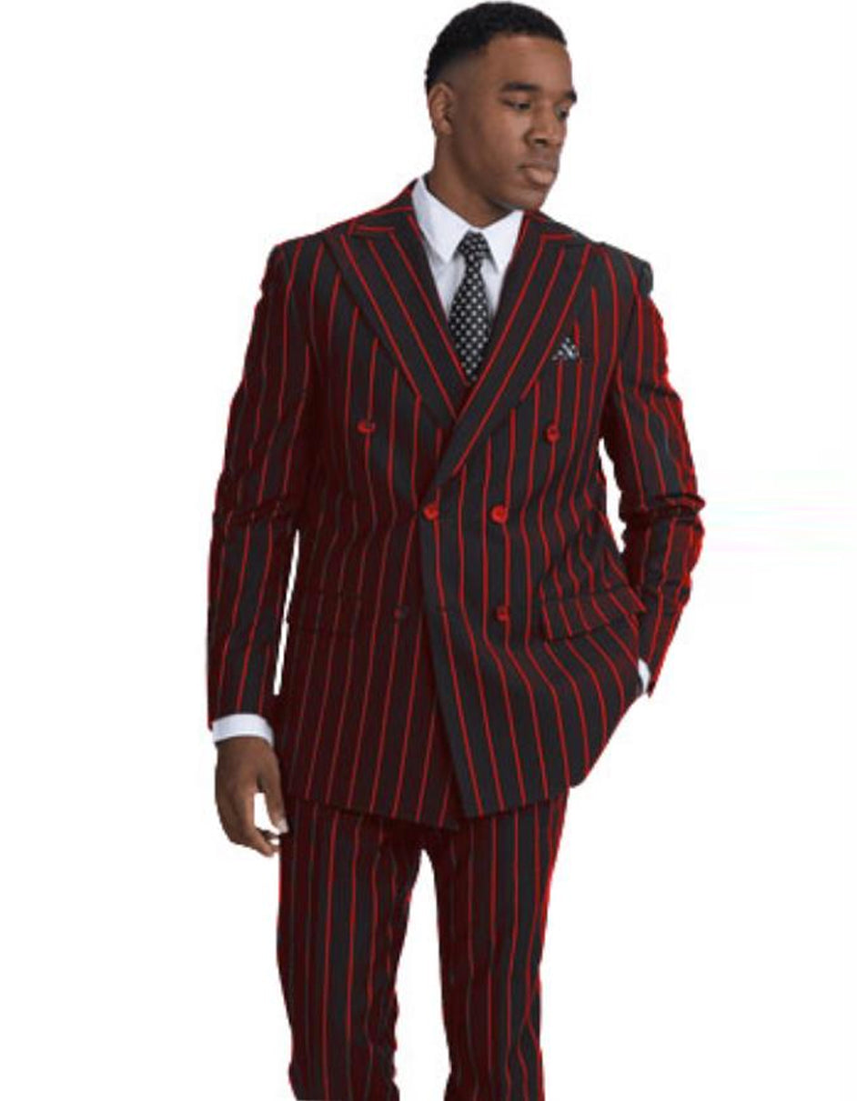 Mens Double Breasted Gangster Pinstripe in Black & Red - Men's Tuxedo USA