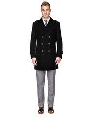 Mens Modern Double Breasted Wool Pea Coat in Black