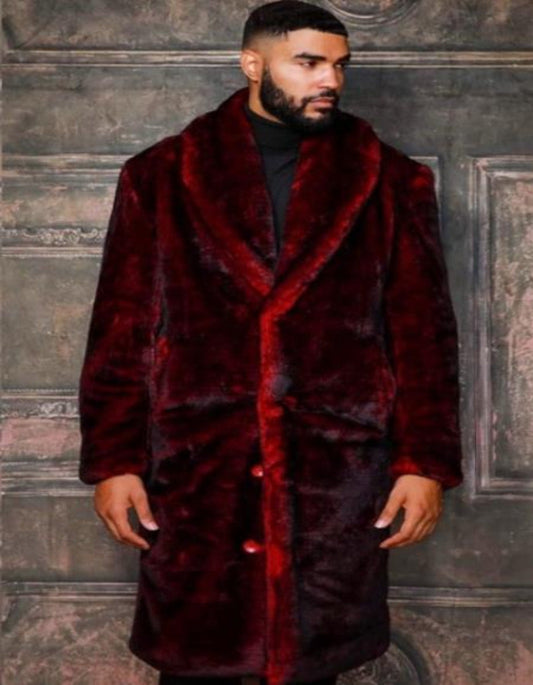 Mens Fashion Burgundy Black Faux Fur Overcoat - Men's Tuxedo USA