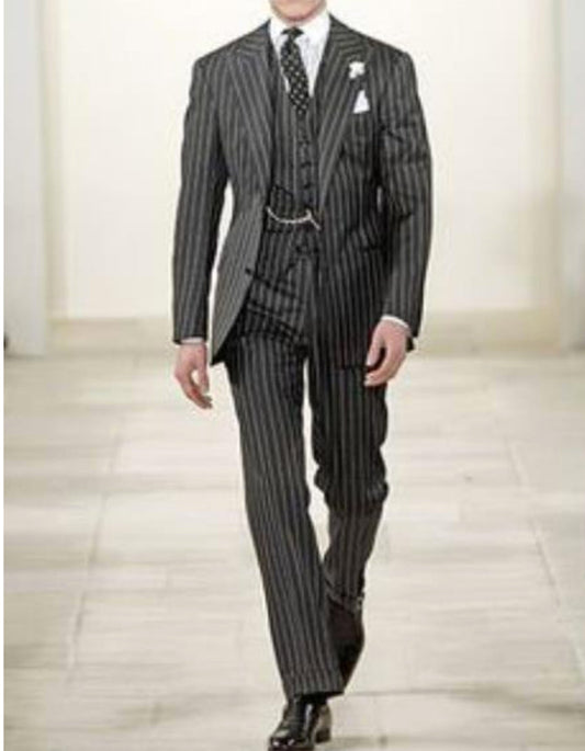 Mens 2 button Gangster Pinstripe Suit in Black & White - Men's Tuxedo USA