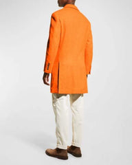 Mens Wool Carcoat - Hot Orange Three Quarter Peak Lapel Topcoat - Men's Tuxedo USA