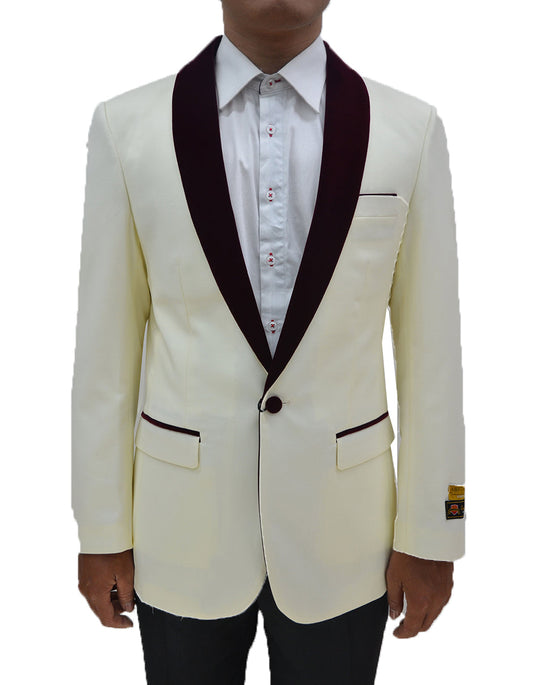 Mens One Button Contrast Shawl Collar Dinner Jacket Ivory & Burgundy - Men's Tuxedo USA