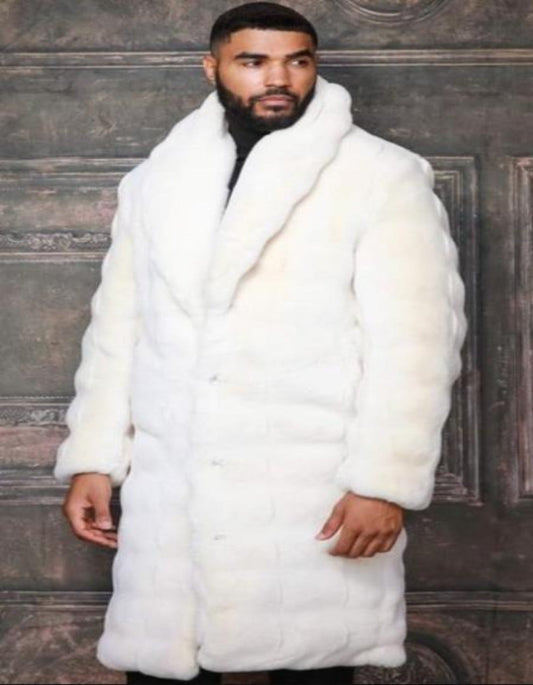 Mens Fashion Ivory Faux Fur Overcoat - Men's Tuxedo USA