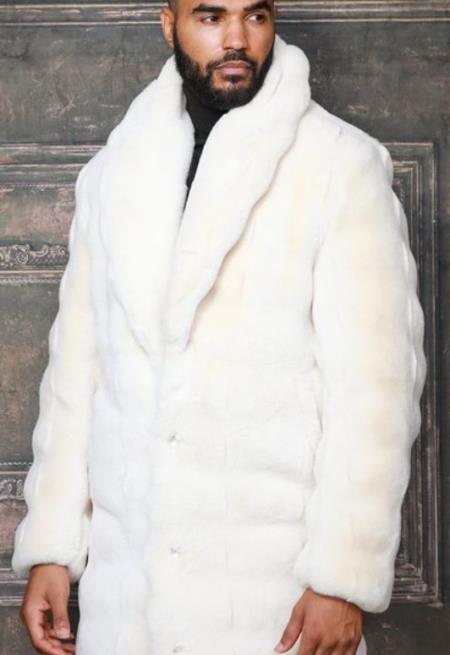 Mens Fashion Ivory Faux Fur Overcoat - Men's Tuxedo USA