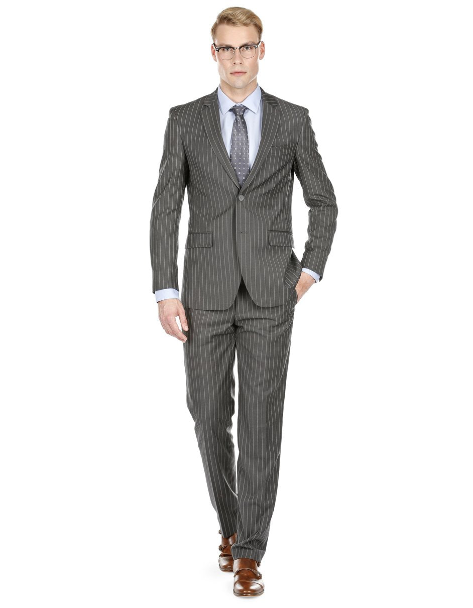 Mens Modern Fit Gangster Pinstripe Suit Charcoal Grey - Men's Tuxedo USA