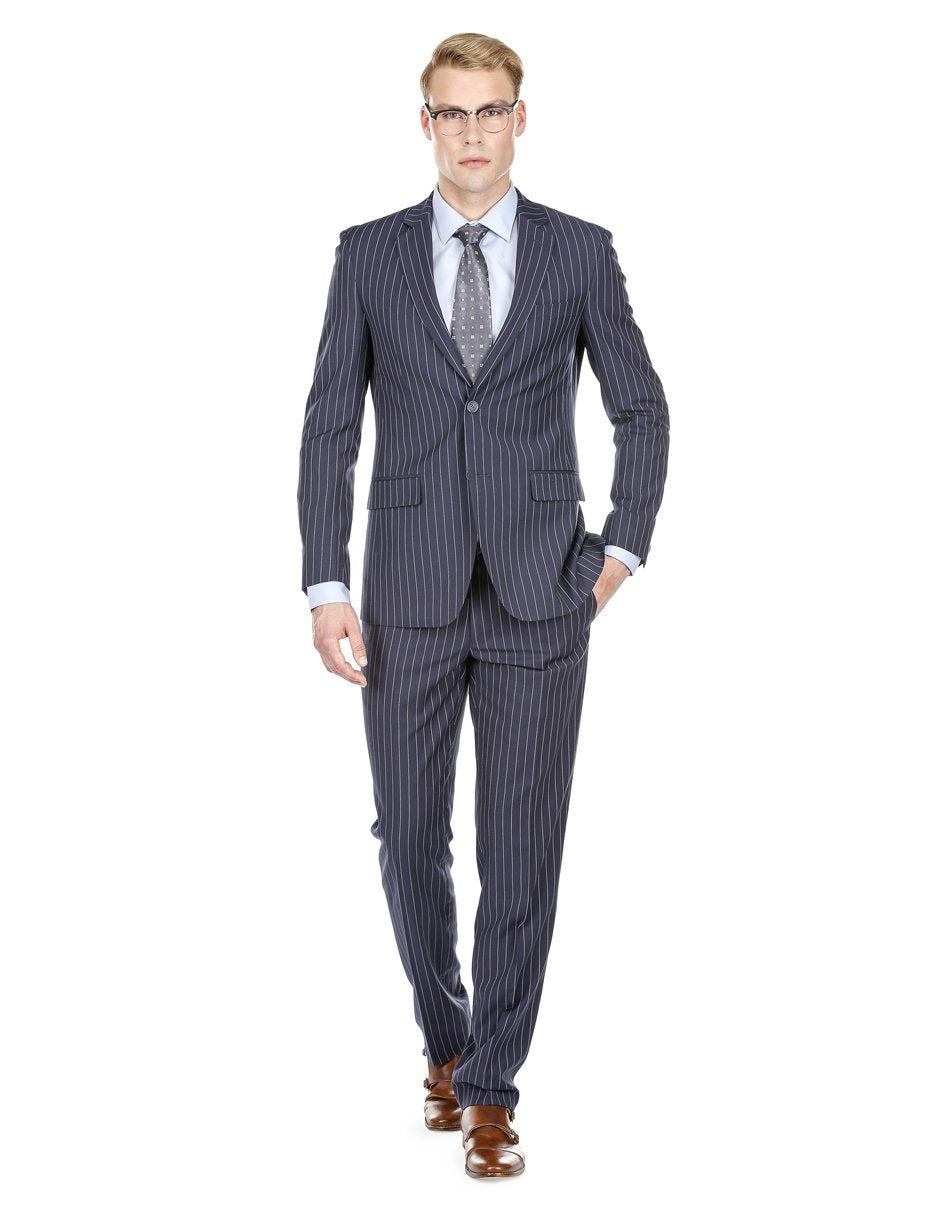 Mens Modern Fit Gangster Pinstripe Suit Navy Blue - Men's Tuxedo USA