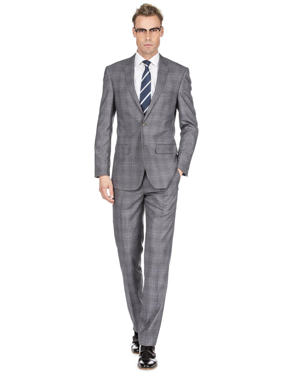 Mens Modern Fit Plaid Suit Grey - Men's Tuxedo USA