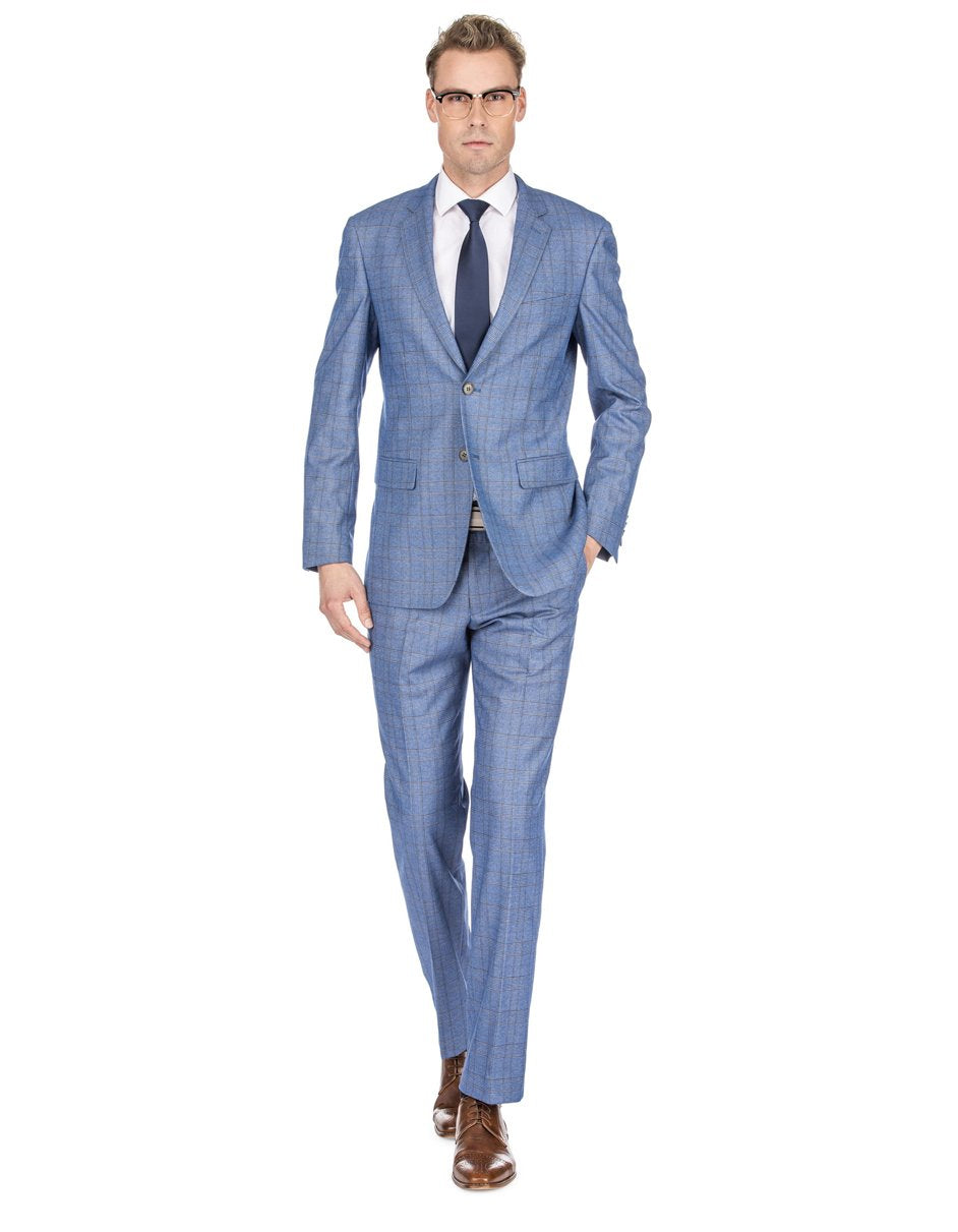 Mens Modern Fit Plaid Suit Light Blue - Men's Tuxedo USA