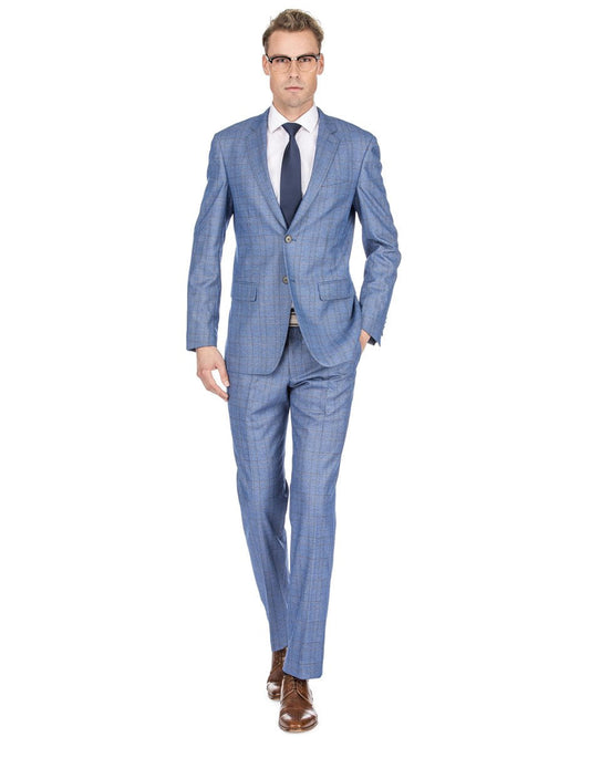 Mens Modern Fit Plaid Suit Light Blue - Men's Tuxedo USA