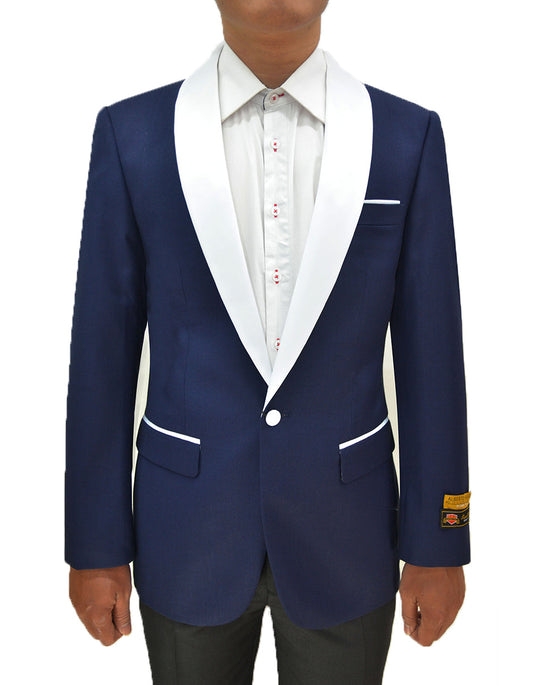 Mens One Button Contrast Shawl Collar Dinner Jacket Navy & White - Men's Tuxedo USA