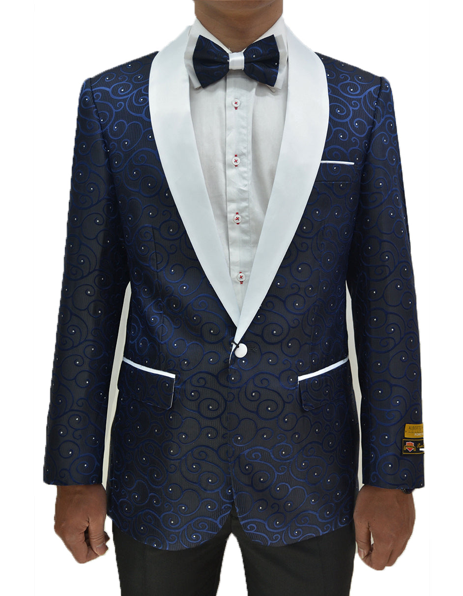 Mens Swirl & Diamond Pattern Tuxedo Jacket in Navy & White - Men's Tuxedo USA