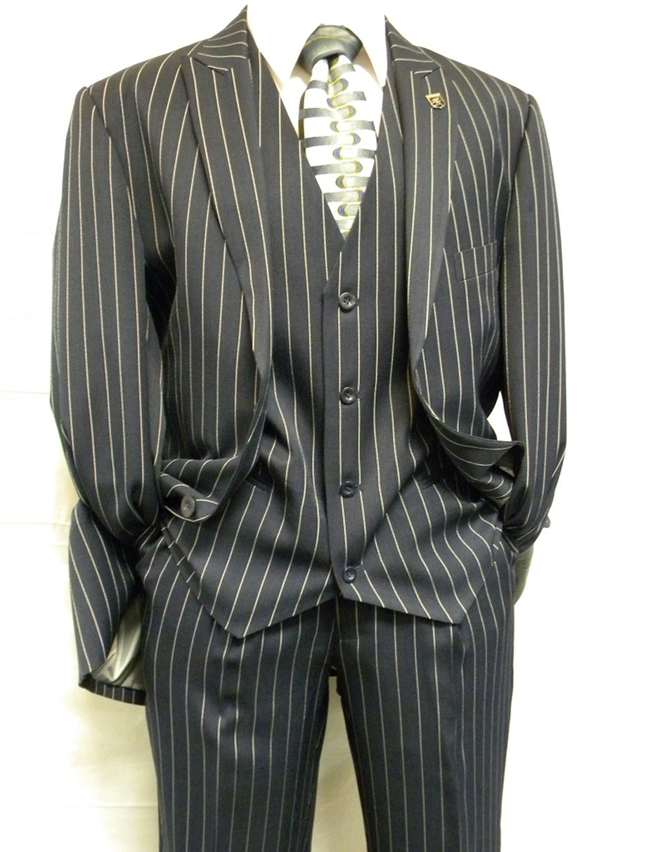 Mens 2 Button Gangster Pinstripe Suit in Navy - Men's Tuxedo USA