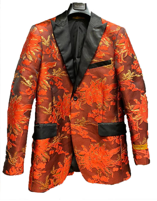 Mens Paisley Floral Tuxedo Jacket in Orange & Red