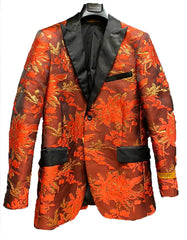 Mens Paisley Floral Tuxedo Jacket in Orange & Red