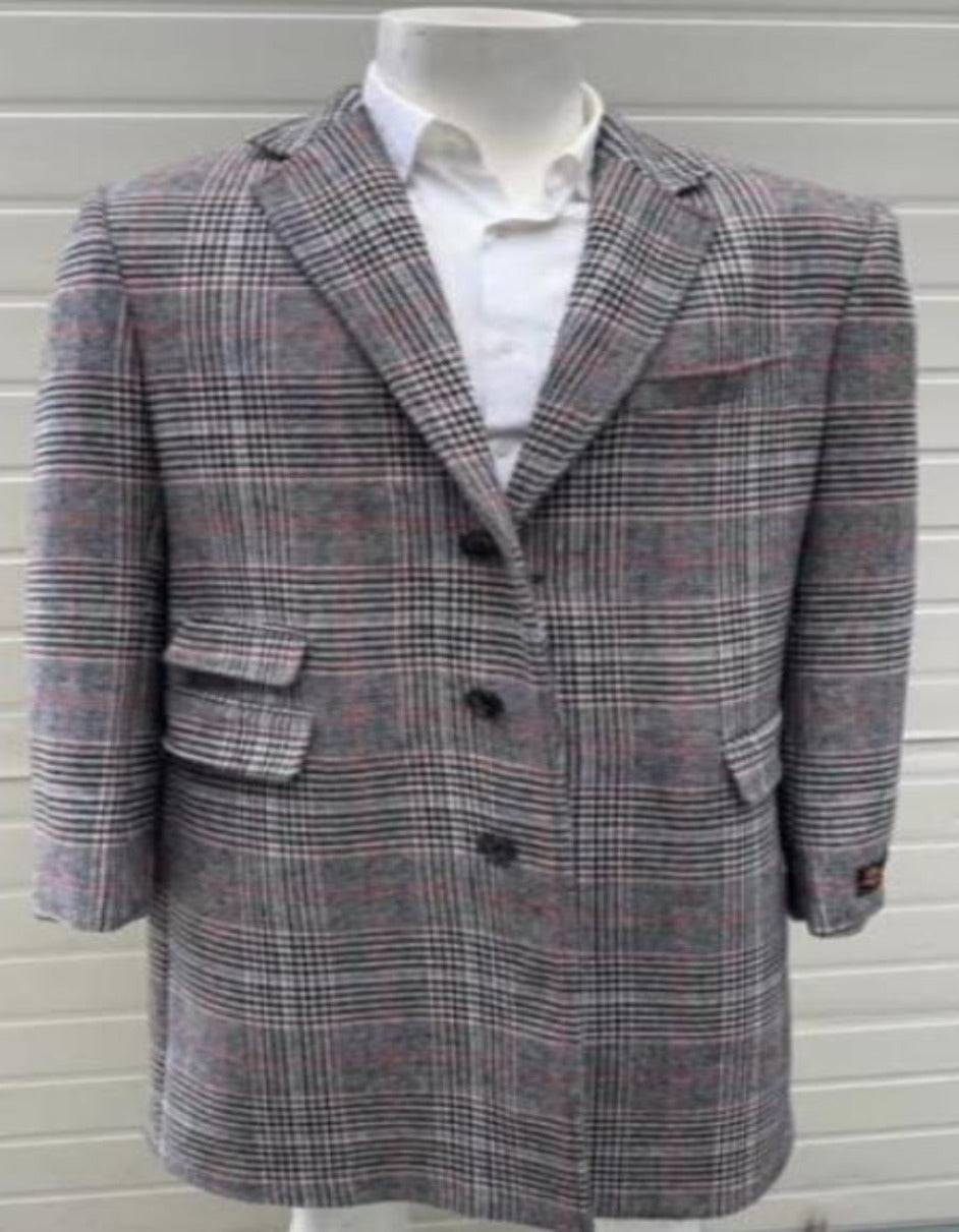 Mens Plaid Overcoat - Checkered Carcoat - Wool Three Quarter Peacoat Plaid Pattern Multi-Color - Men's Tuxedo USA