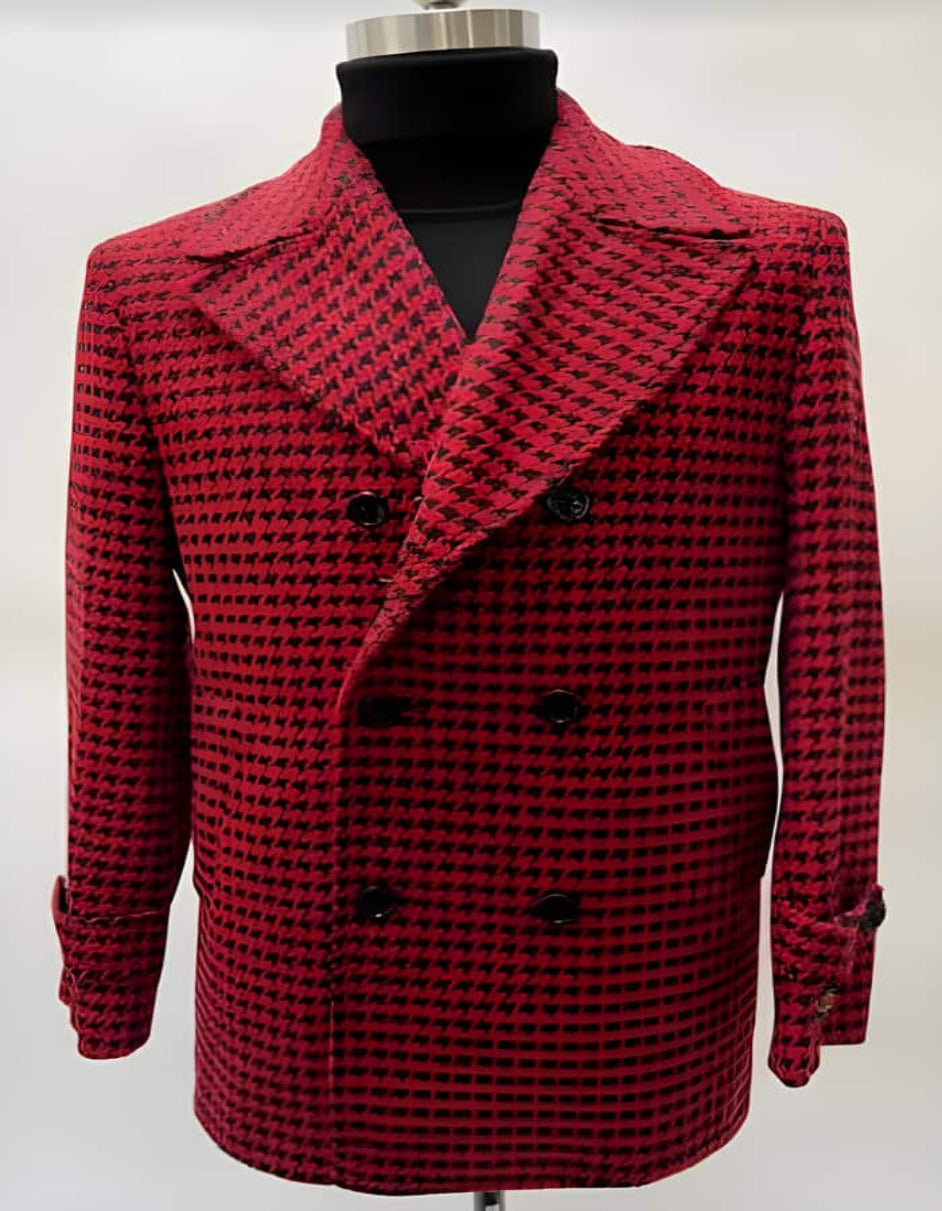 Mens Plaid Overcoat - Hounstooth Checker Pattern Topcoat - Peak Lapel Double Breasted Red - Men's Tuxedo USA