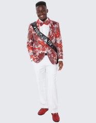 Red One Button Floral Tuxedo Jacket Slim Fit - Wedding - Prom