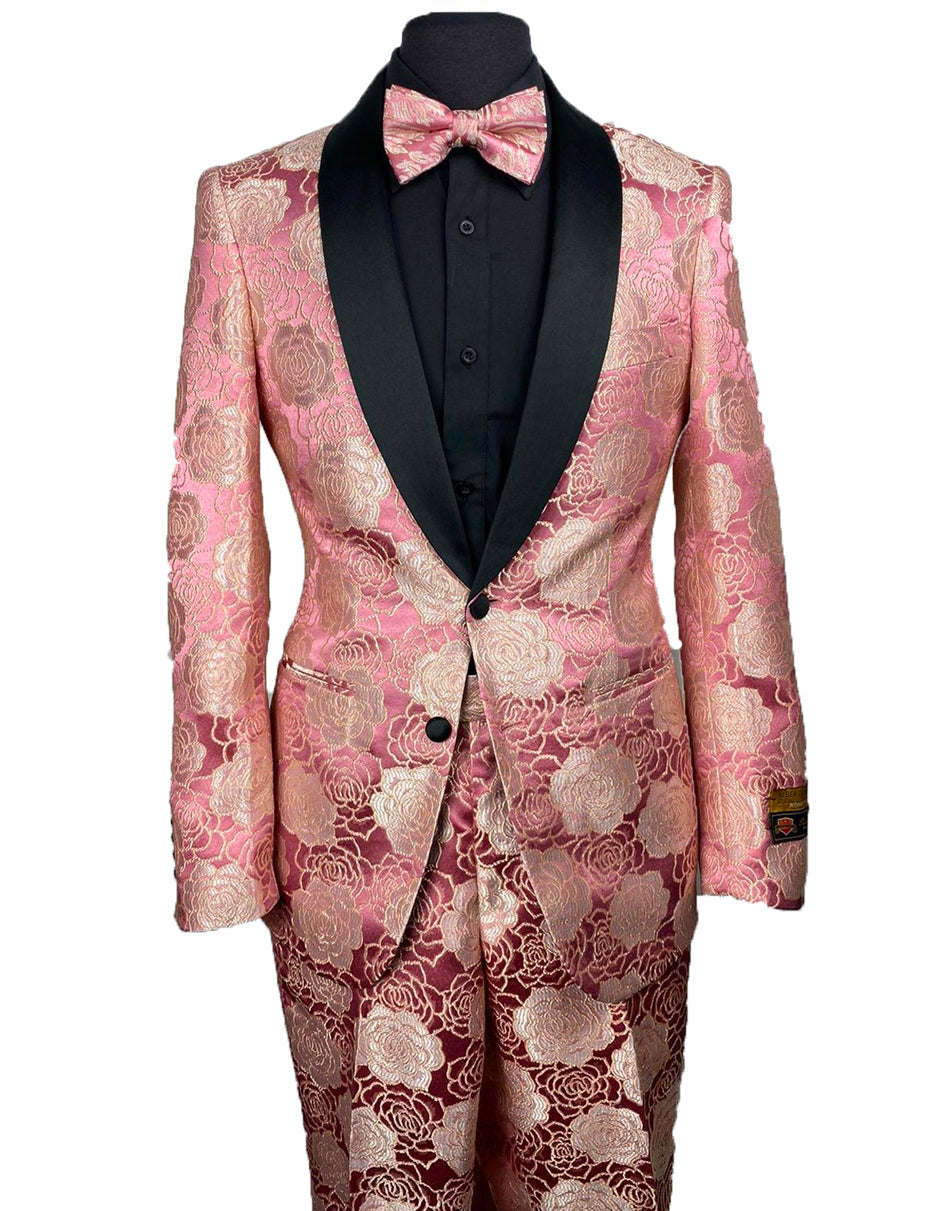 Mens Rose Pink Floral Prom Tuxedo Package w/ Matching Pants & Bowtie - Men's Tuxedo USA