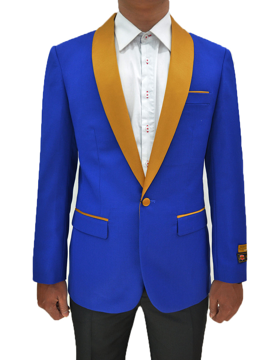 Mens One Button Contrast Shawl Collar Dinner Jacket Royal Blue & Gold - Men's Tuxedo USA