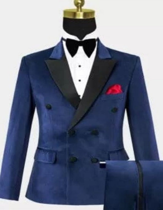 Men Six Button Navy Blue Velvet Double Breasted Tuxedo