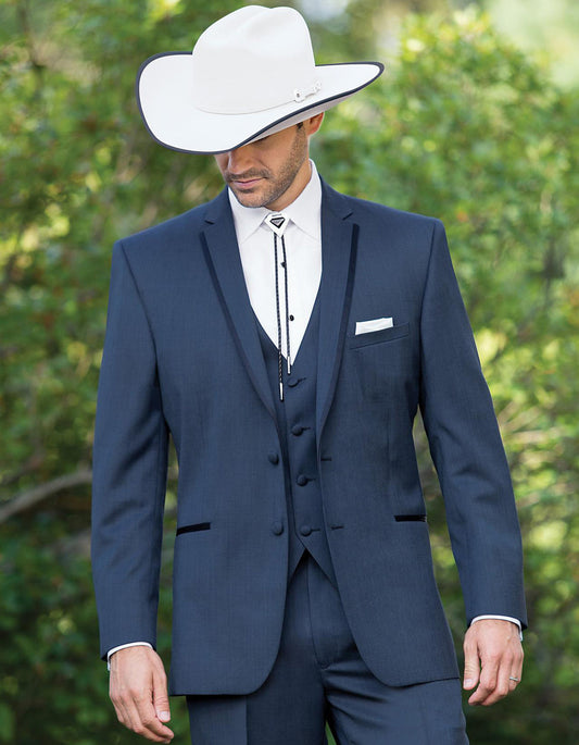 2 Button Vested Satin Trim Lapel Cowboy Tuxedo in Navy - Men's Tuxedo USA