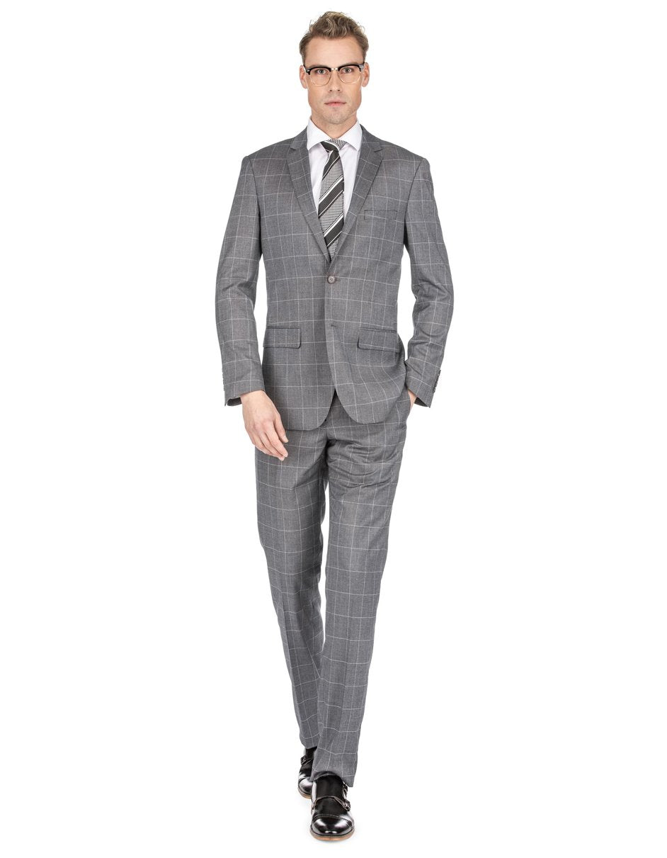 Mens Slim Fit Window Pane Suit Medium Grey - Men's Tuxedo USA