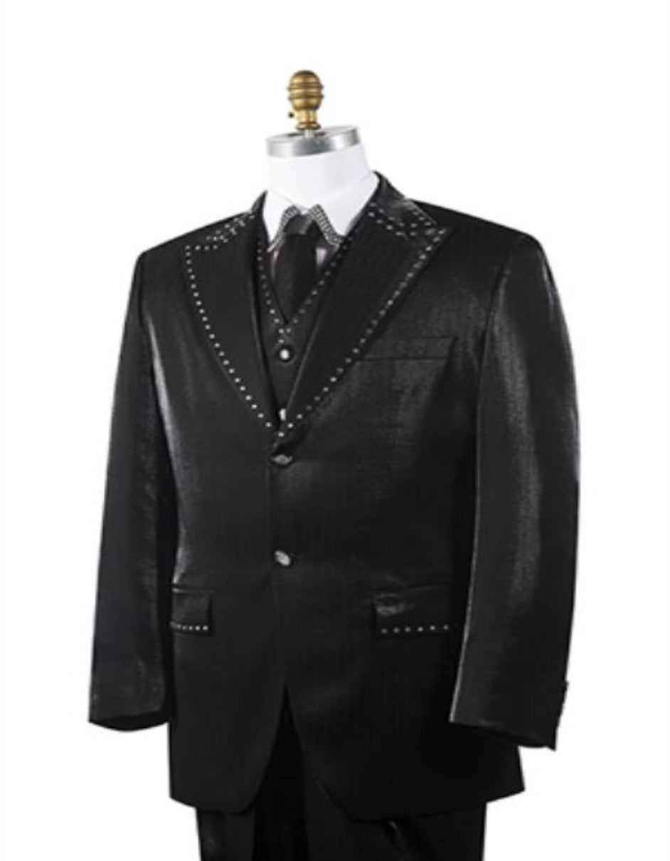 Unique 2 Button Trimmed Pleated Pants Vested 3 Piece Men's Suits Black Fashion Tuxedo For Men - Men's Tuxedo USA