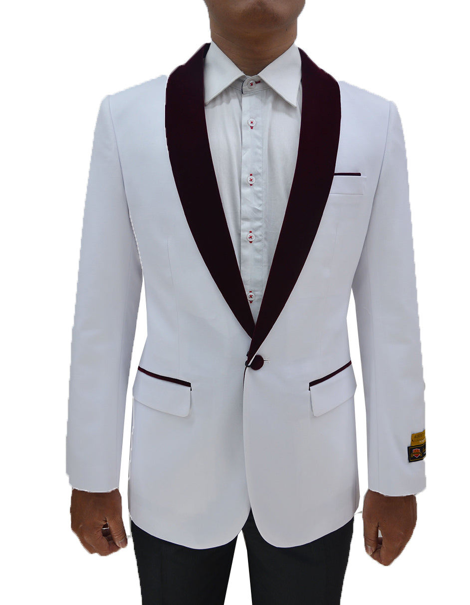 Mens One Button Contrast Shawl Collar Dinner Jacket White & Burgundy - Men's Tuxedo USA