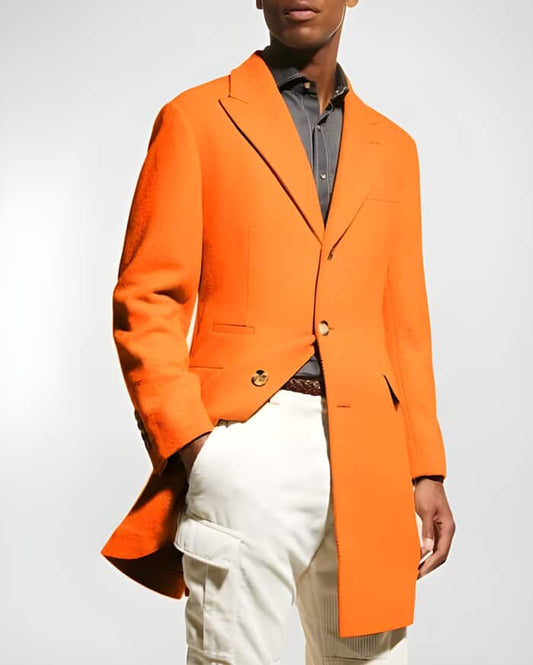 Mens Wool Carcoat - Hot Orange Three Quarter Peak Lapel Topcoat - Men's Tuxedo USA