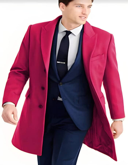 Mens Wool Carcoat - Hot Pink Three Quarter Peak Lapel Topcoat - Men's Tuxedo USA