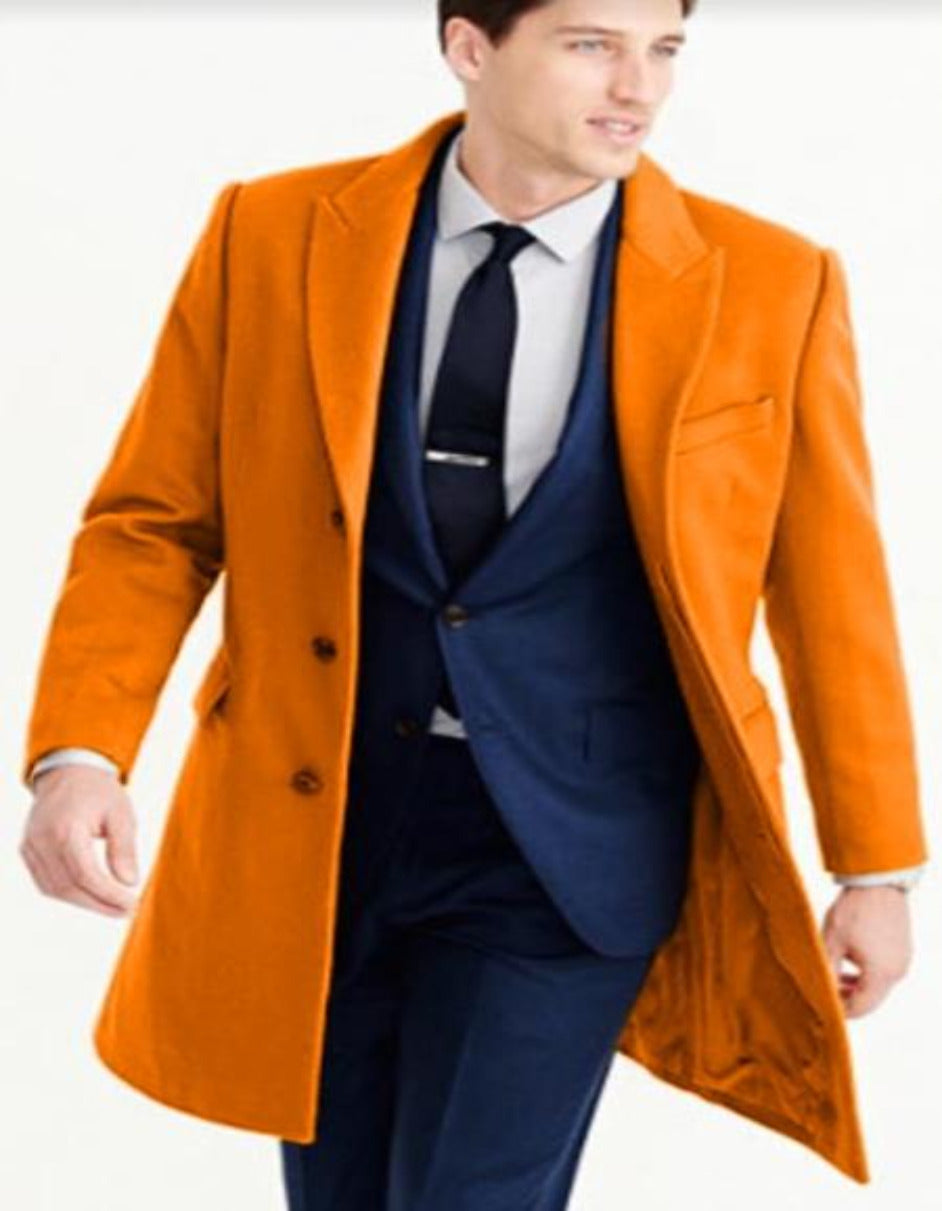 Mens Wool Carcoat - Orange Three Quarter Peak Lapel Topcoat - Men's Tuxedo USA