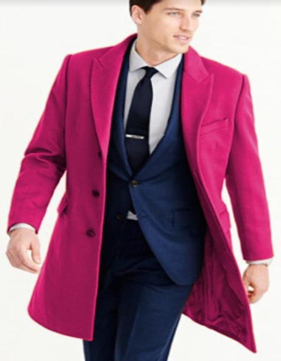 Mens Wool Carcoat - Pink Three Quarter Peak Lapel Topcoat - Men's Tuxedo USA