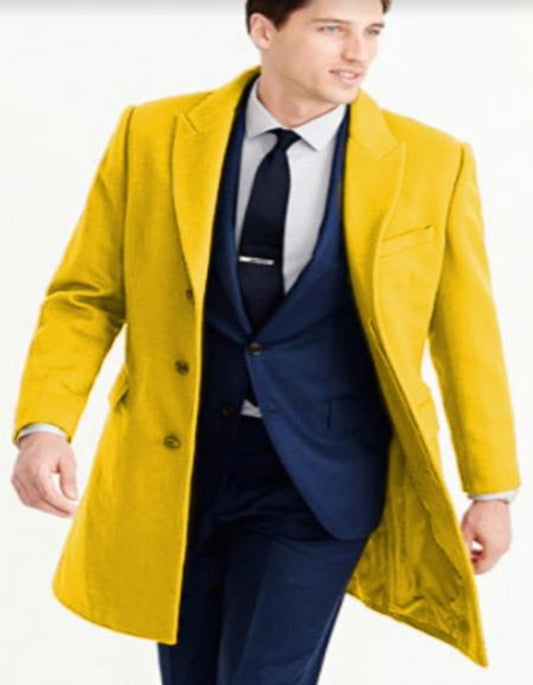 Mens Wool Carcoat - Yellow Three Quarter Peak Lapel Topcoat - Men's Tuxedo USA