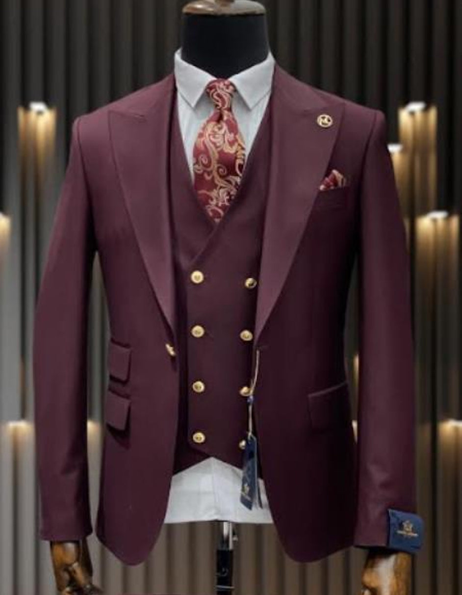 Mens One Button Peak Lapel Vested Wool Suit with Gold buttons in Burgundy - Men's Tuxedo USA