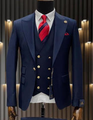 Mens One Button Peak Lapel Vested Wool Suit with Gold buttons in Navy Blue - Men's Tuxedo USA