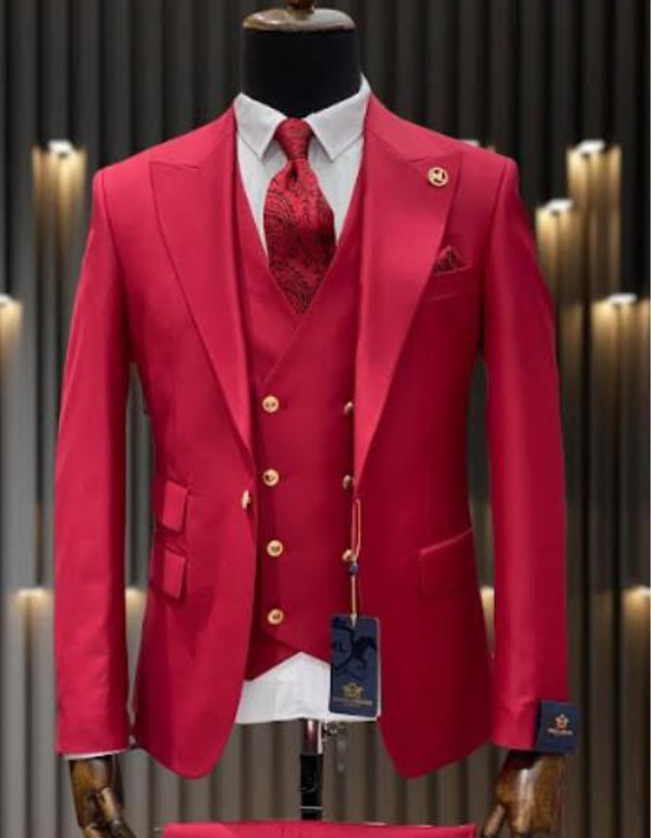 Mens One Button Peak Lapel Vested Wool Suit with Gold buttons in Red - Men's Tuxedo USA