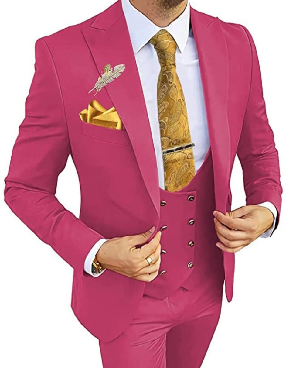 Mens One Button Peak Lapel Vested Wedding Suit with Gold buttons in Rose Gold - Men's Tuxedo USA