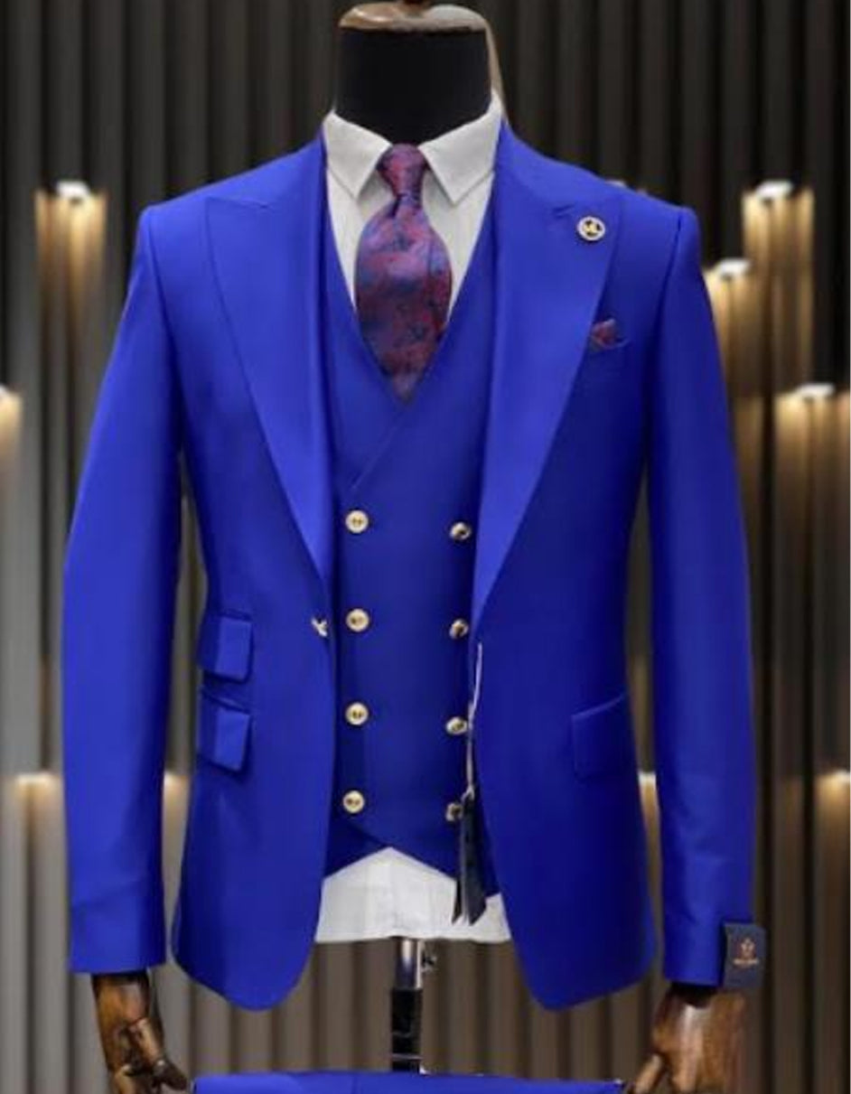 Mens One Button Peak Lapel Vested Wool Suit with Gold buttons in Royal Blue - Men's Tuxedo USA