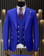 Mens One Button Peak Lapel Vested Wool Suit with Gold buttons in Royal Blue - Men's Tuxedo USA